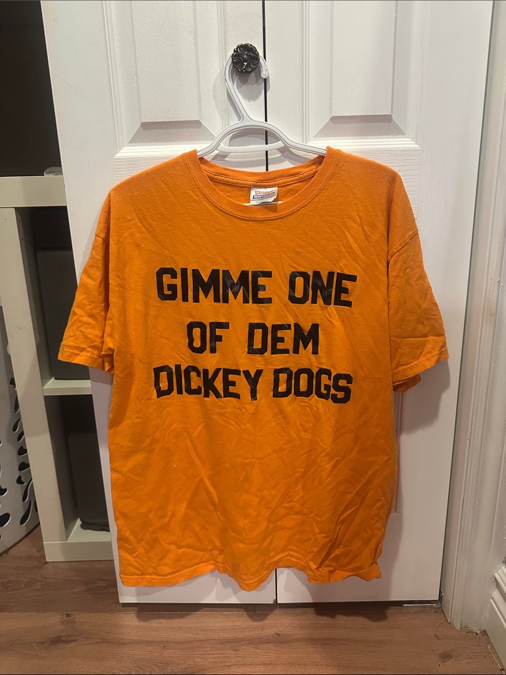 Orange Short Sleeve Graphic Tee with Black Text - Hanes